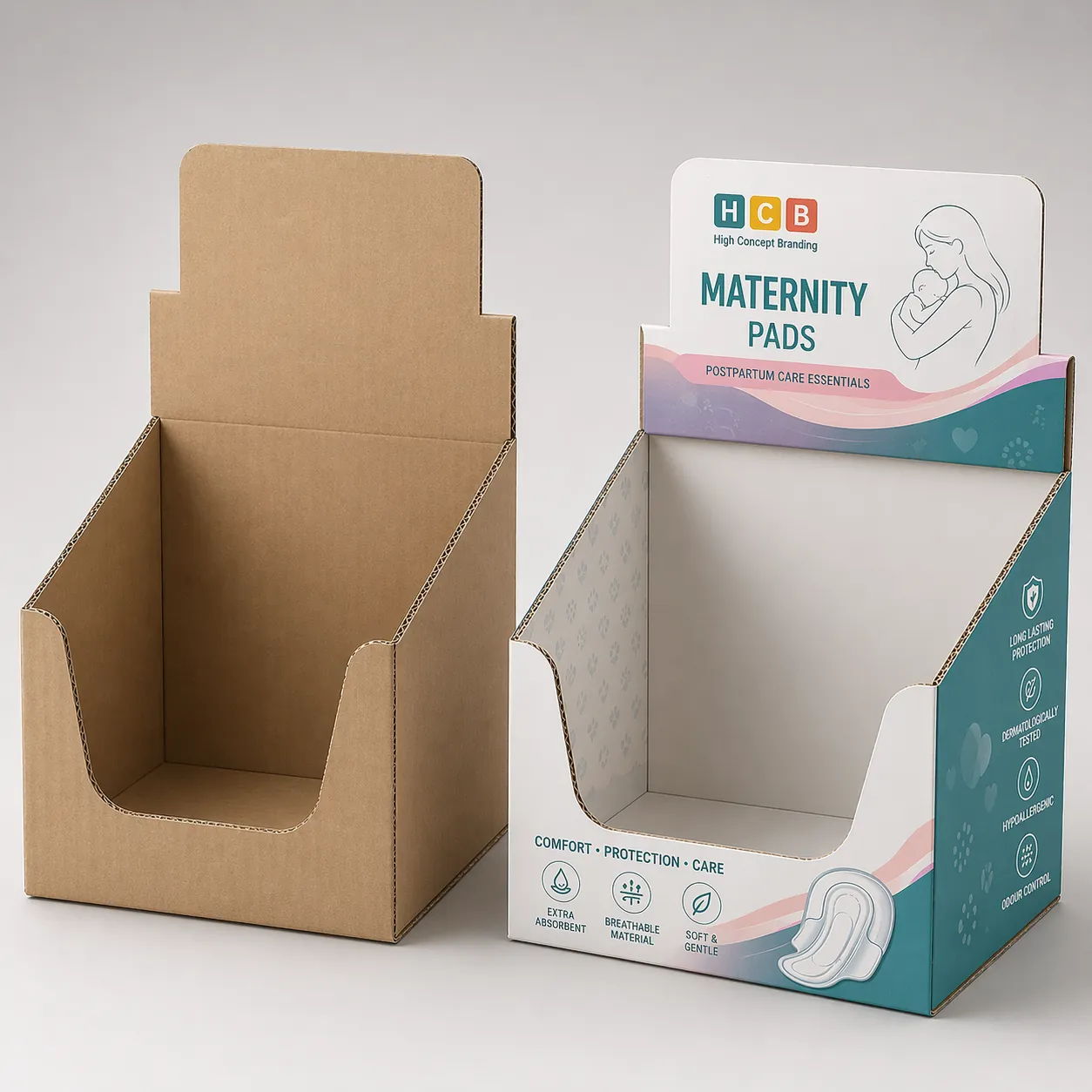 Two top-opening mailing boxes, one plain white and one with professional pink floral branding. class=